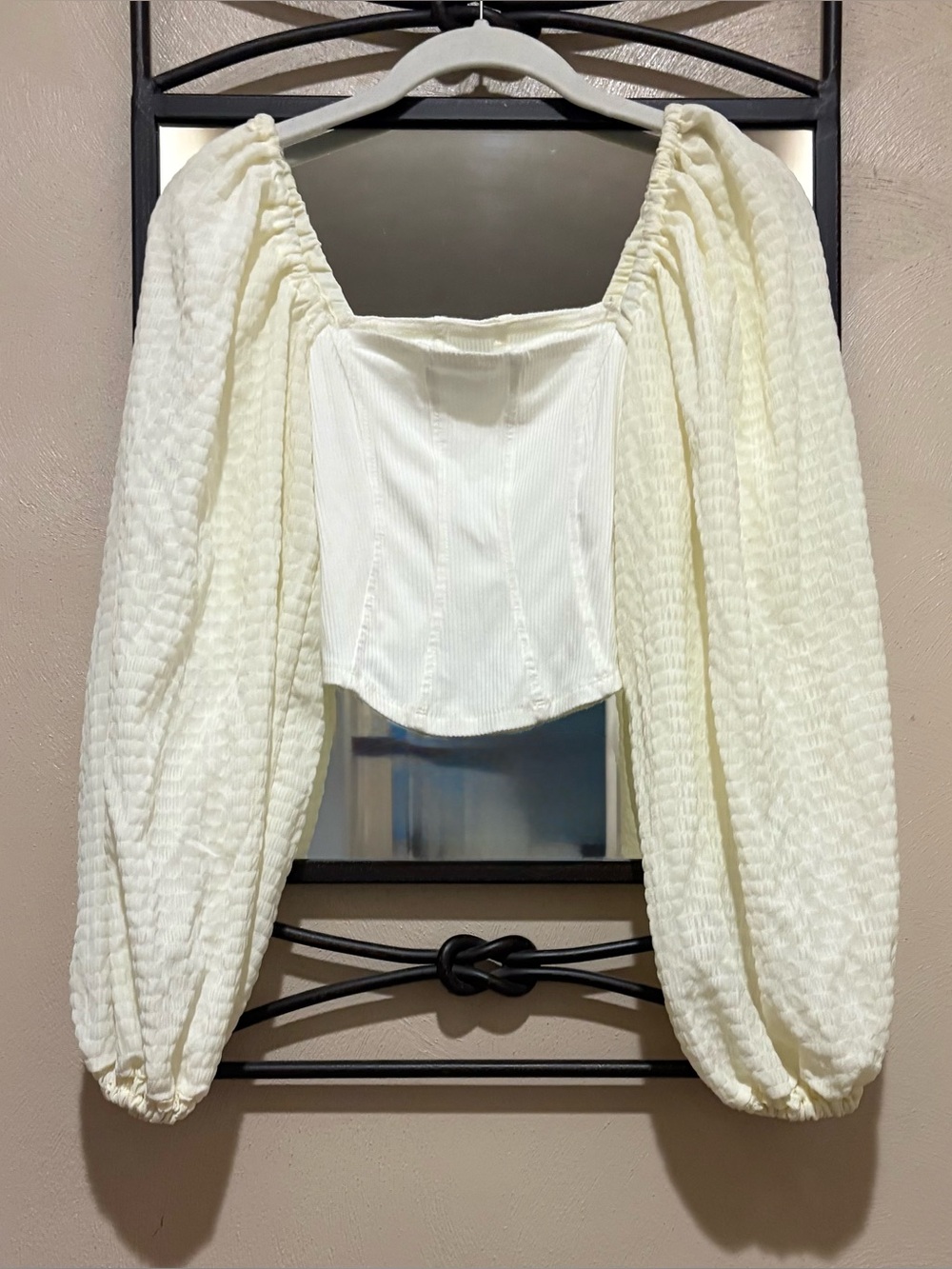 Urban Outfitters Cream Corset Square-Neck Puff Sleeve Crop Top Size S